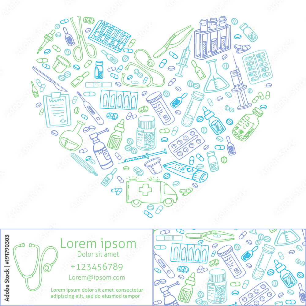 healthcare doodles shaped in heart. Vector template