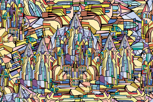 Vector seamless pattern featuring fictional Gothic city architecture elements such as towers and stained glass windows. Abstract colorful background. Hand drawn.
