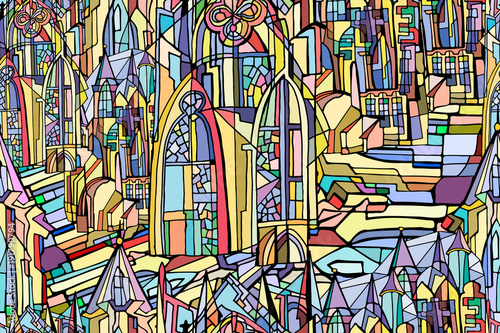 Vector seamless pattern featuring fictional Gothic city architecture elements such as towers and stained glass windows. Abstract colorful background. Hand drawn.