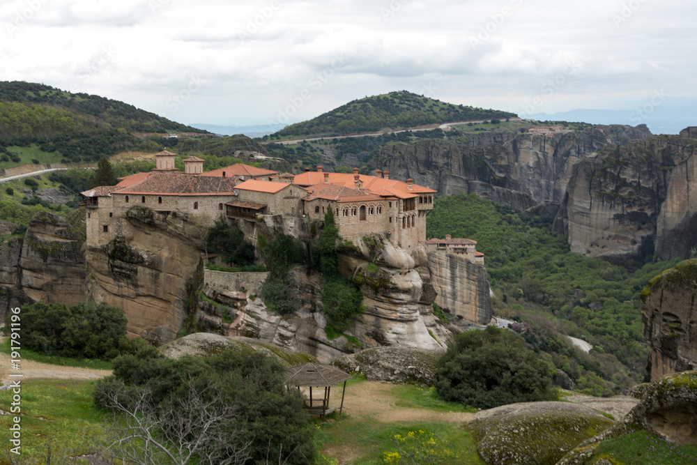 Beautiful scenic view of orthodox monastery in the Greece mountains, Meteora