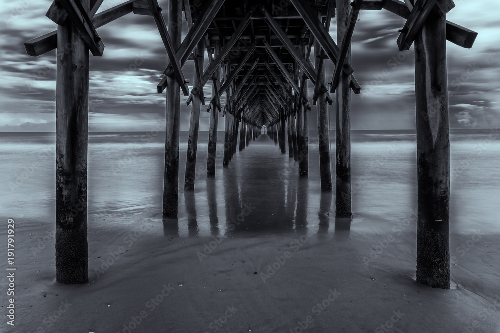 Under the dock at the beach in black and white