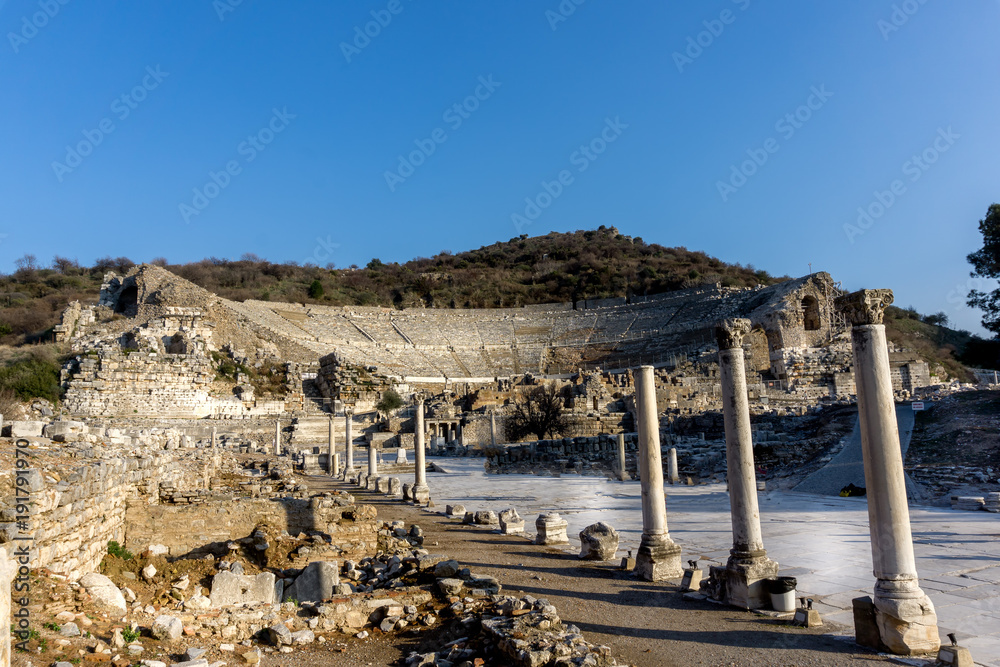 March 2016: ancient Roman ruins of the theater in Ephesus, Turkey