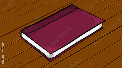 Cartoon closed book lying on wooden desk