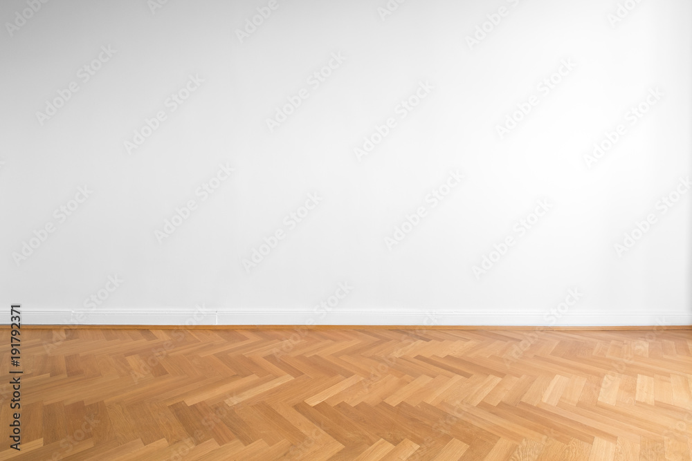 wooden parquet floor and white wall background   - obrazy, fototapety, plakaty 