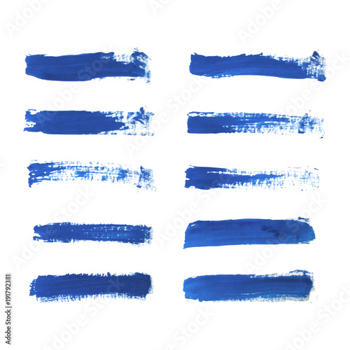 Set of blue paint, ink brush strokes, brushes, lines isolated on white background.