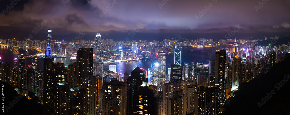 Hong kong island office buildings at night view from victoria peak