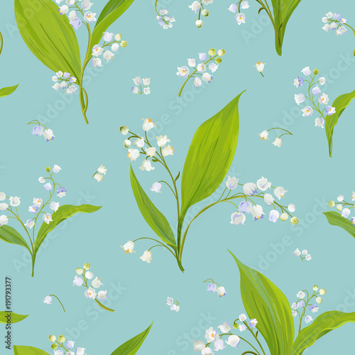 Fototapeta Naklejka Na Ścianę i Meble -  Floral Seamless Pattern with Watercolor Lily of the Valley. Spring Nature Background with Blossom Flowers for Fabric, Wallpaper, Posters, Banners. Vector illustration