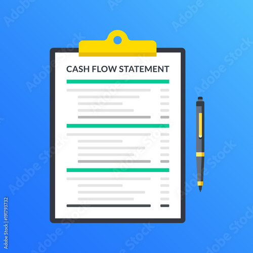 Cash flow statement. Clipboard with financial statement, financial report and pen. Modern flat design graphic elements. Vector illustration