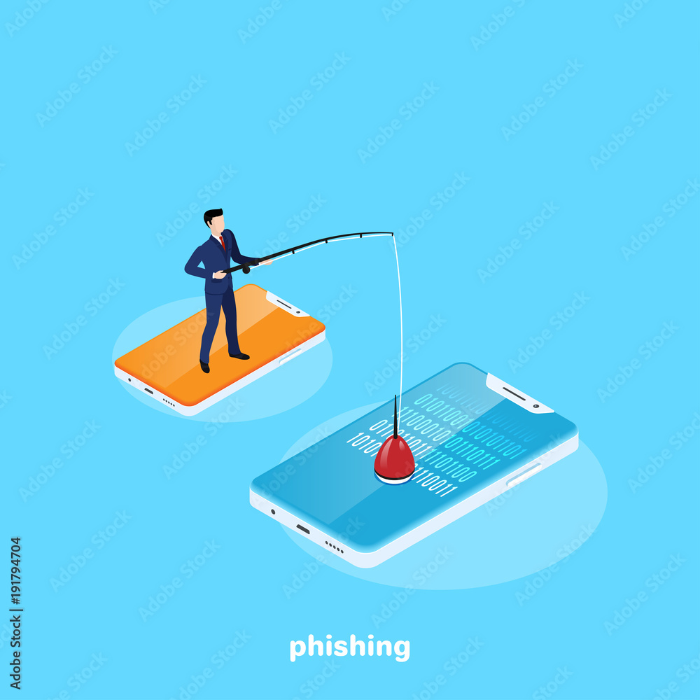 a man in a business suit with a fishing rod in his hand is catching information from someone else's smartphone, an isometric image a man in a business suit with a fishing rod in his hand is catching information from someone else's smartphone, an isometric image