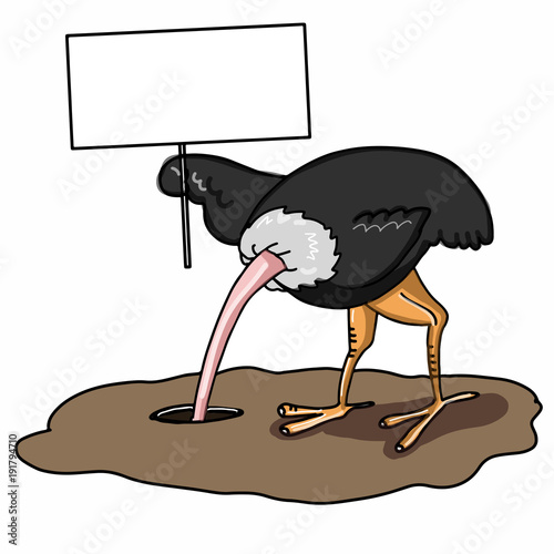 cartoon The ostrich burying its head in the sand and banner photo