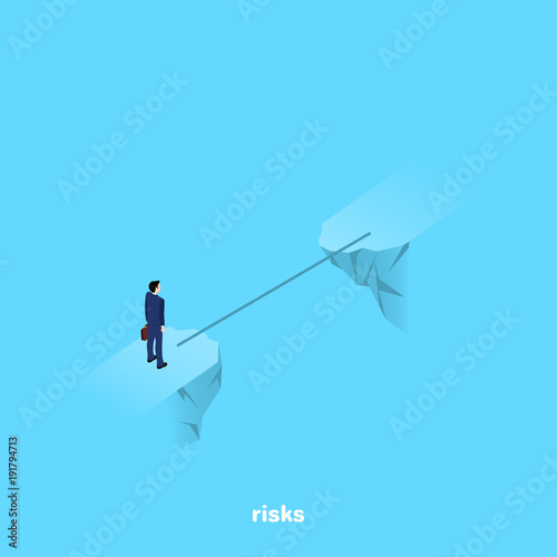a man in a business suit stands on the brink of a precipice through which a thin bridge, an isometric image