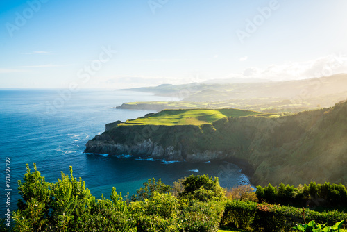 Beautiful nature view on Azores with small villages, tows, green nature fields. Amazing Azores.