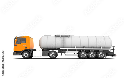 Logistics concept. Fuel truck moving from right to left isolated on white background. Side view. 3D illustration