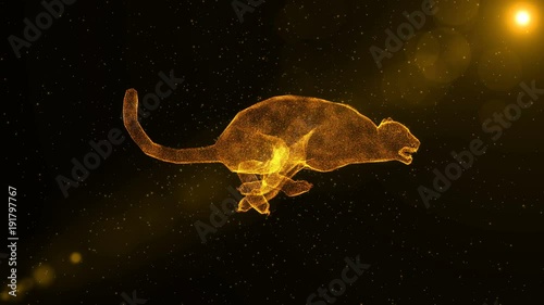 Jaguar, abstract wild animal running through particles, 3D animation