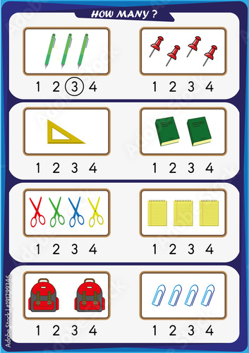 worksheet for kindergarten kids, Count the number of objects, Learn the numbers 1, 2, 3, 4