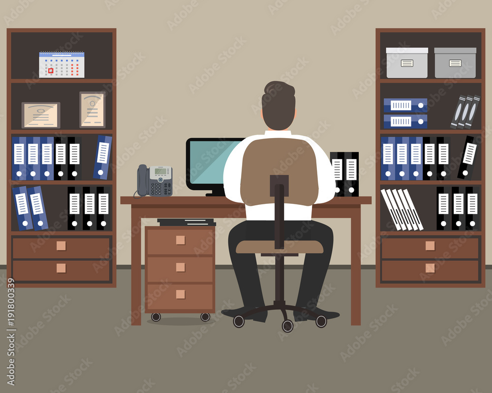 Workplace of office worker. The man is an employee at work, he is sitting at a desk. There are cabinets with folders, a computer, a phone and other objects in the picture. Vector flat illustration