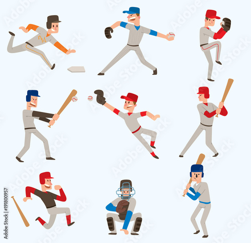 Baseball team players vector sport man in uniform game poses baseball poses situation professional league sporty character winner illustration boy competition adult athlete person