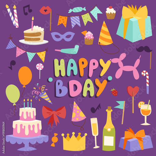 Happy birthday party vector symbols carnival festive illustration set colorful happy birthday partytime symbols hat, gifts, balloons, cake