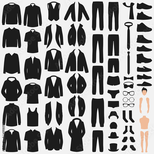 
Set of man fashion. Clothes silhouette isolated on white. Vector clothing design. pants, suit, shirt and jacket