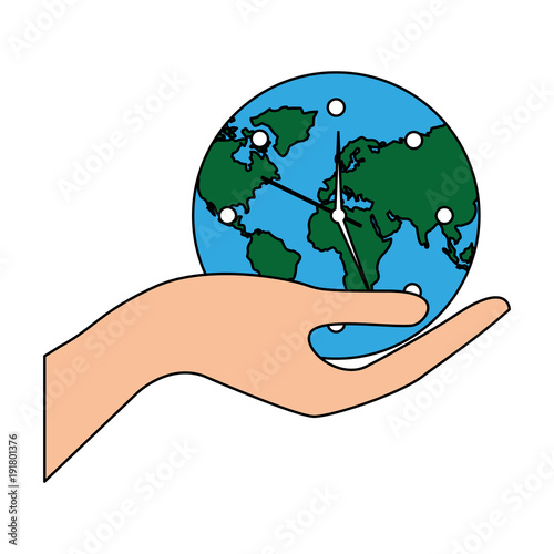 earth globe clock in hand safety concept vector illustration