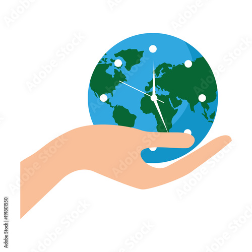 earth globe clock in hand safety concept vector illustration