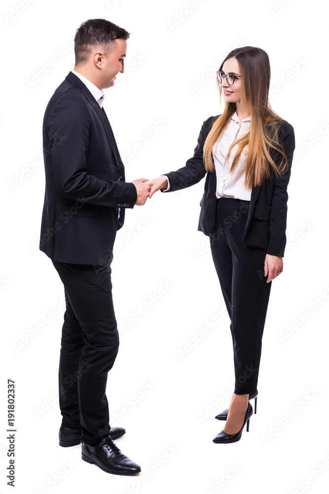 Businessman and businesswoman shaking hands isolated over white background Businessman and businesswoman shaking hands isolated over white background