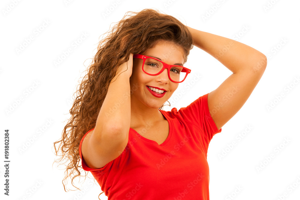 portrait of Beautiful young woman in red t shirt and shorts isolated over white background. portrait of Beautiful young woman in red t shirt and shorts isolated over white background.