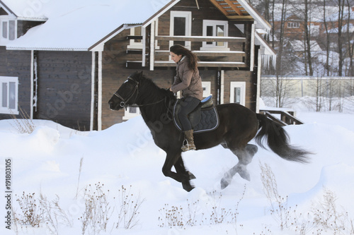 Young woman rides on top a bay horse in winter countryside photo