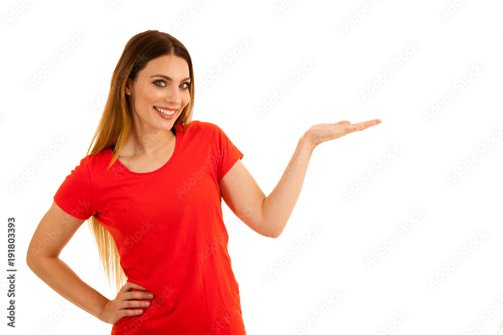 Beautiful young woman in red t shirt pointz in copy space isolated over white background Beautiful young woman in red t shirt pointz in copy space isolated over white background