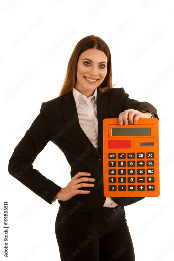 Beautiful business woman holds a large calculator isolated over white - accountant Beautiful business woman holds a large calculator isolated over white - accountant