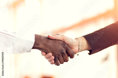 Closeup of White and Black shaking hands over a deal