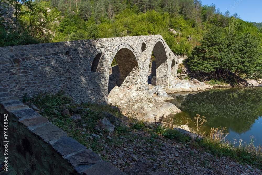 Amazing Reflection of Devil's Bridge in Arda river and Rhodopes mountain, Kardzhali Region, Bulgaria