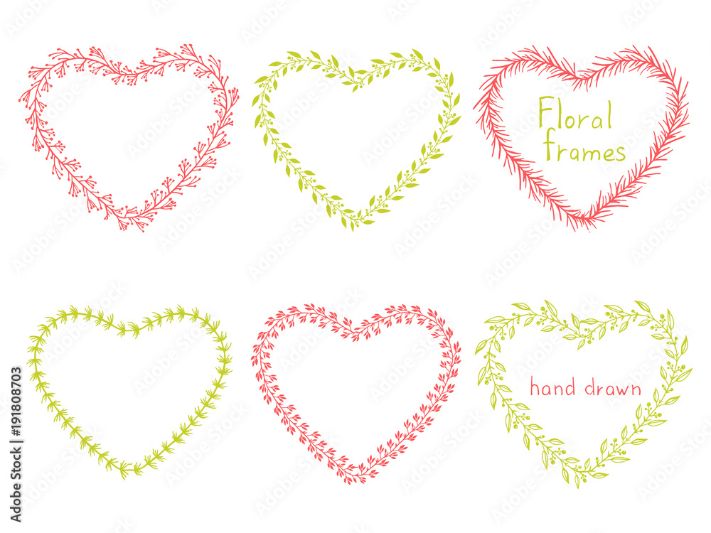 Set of floral frames in the shape of a heart.