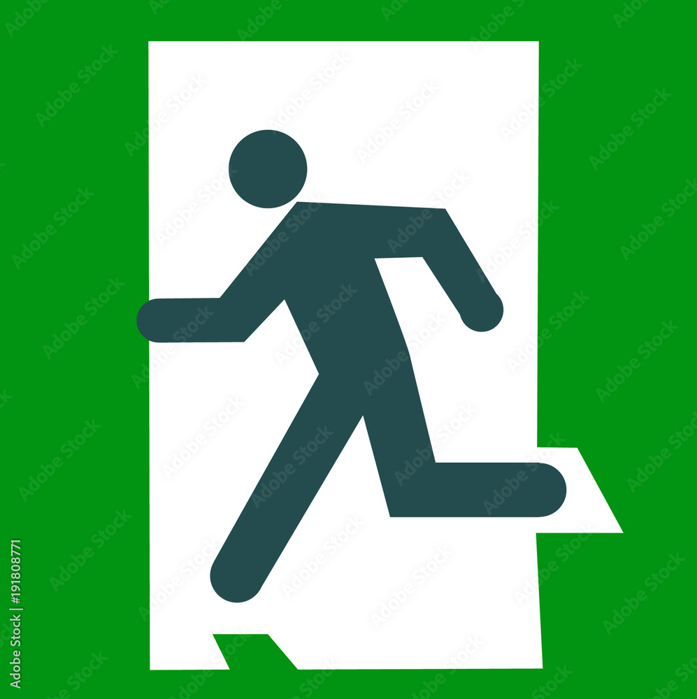 Sign exit human silhouette run within open doore on green background. Sign exit human silhouette run within open doore on green background.