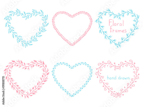 Set of floral frames in the shape of a heart.