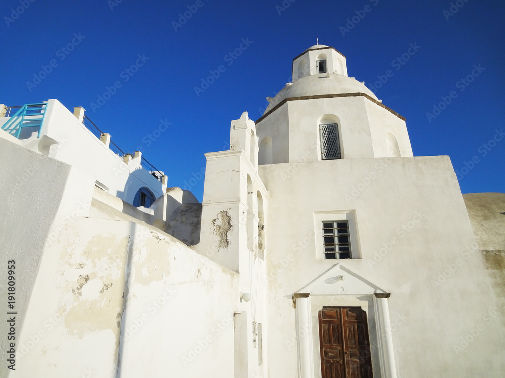 White church building at Santorini Island, Greece.