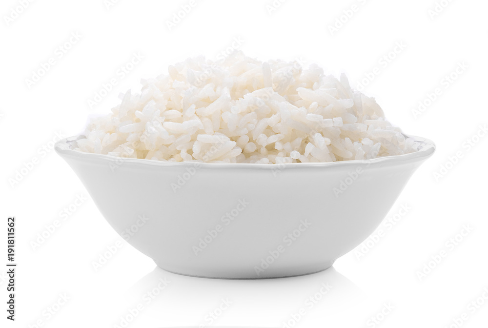 Cooked rice in ceramic bowl on white background Cooked rice in ceramic bowl on white background