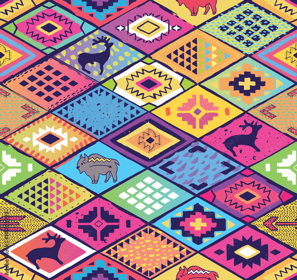 Seamless ethnic pattern with rhombuses, arrows and animals elements. Aztec fancy abstract geometric art