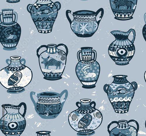 Collection of amphora and vase wih cartoon animals and decorative ornament in Greek style
