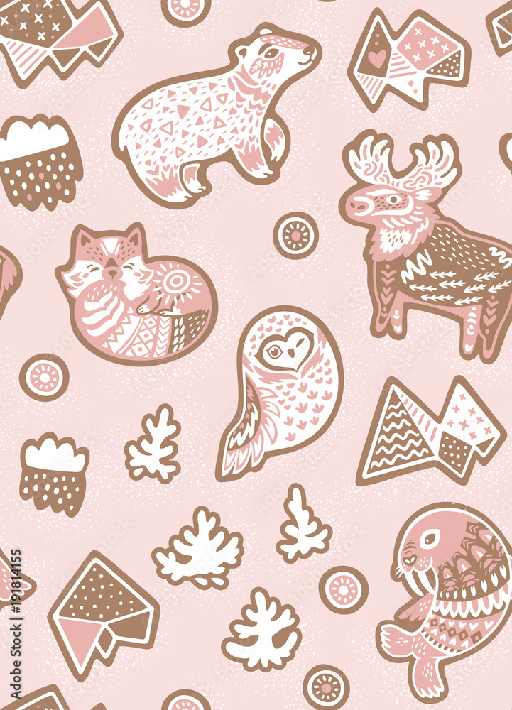 Holiday seamless pattern with ginger cookies. North Pole animals figures in cartoon style
