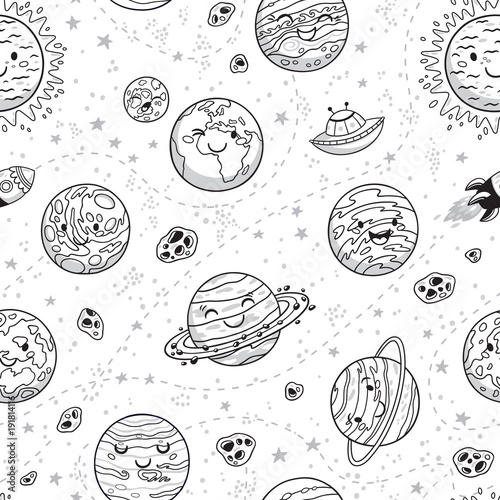 Solar system seamless pattern in cartoon style. Sun, planets, rocket and asteroids in outline