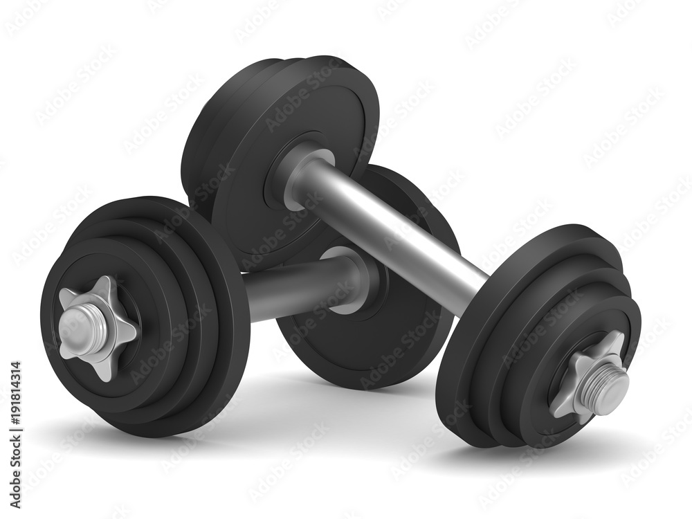 dumbbells on white background. Isolated 3D illustration dumbbells on white background. Isolated 3D illustration