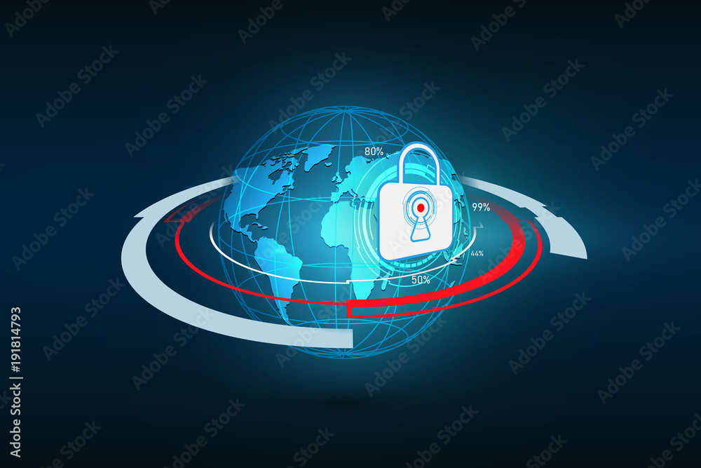 Abstract technology security on global network background, vector illustration