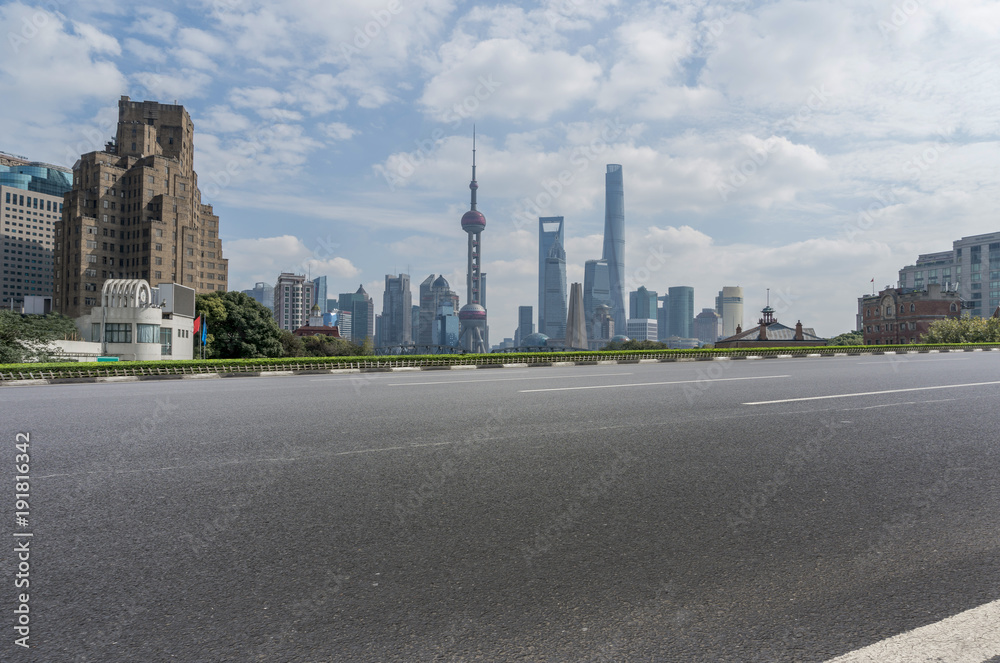 Urban road and architectural landscape skyline in the Bund, Shanghai