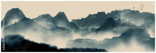 Plakat Chiński atrament i malarstwo wodne krajobraz