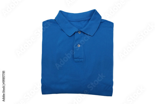 isolated folded blue polo shirt on white background