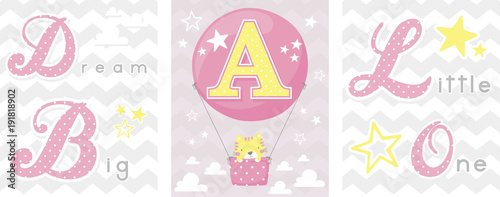 posters set of dream big little one slogan with baby cat and balloon with initial a. can be used for nursery art decor, newborn baby decoration and baby shower cards