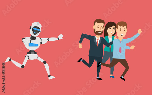running robot android pursuing  chasing business people