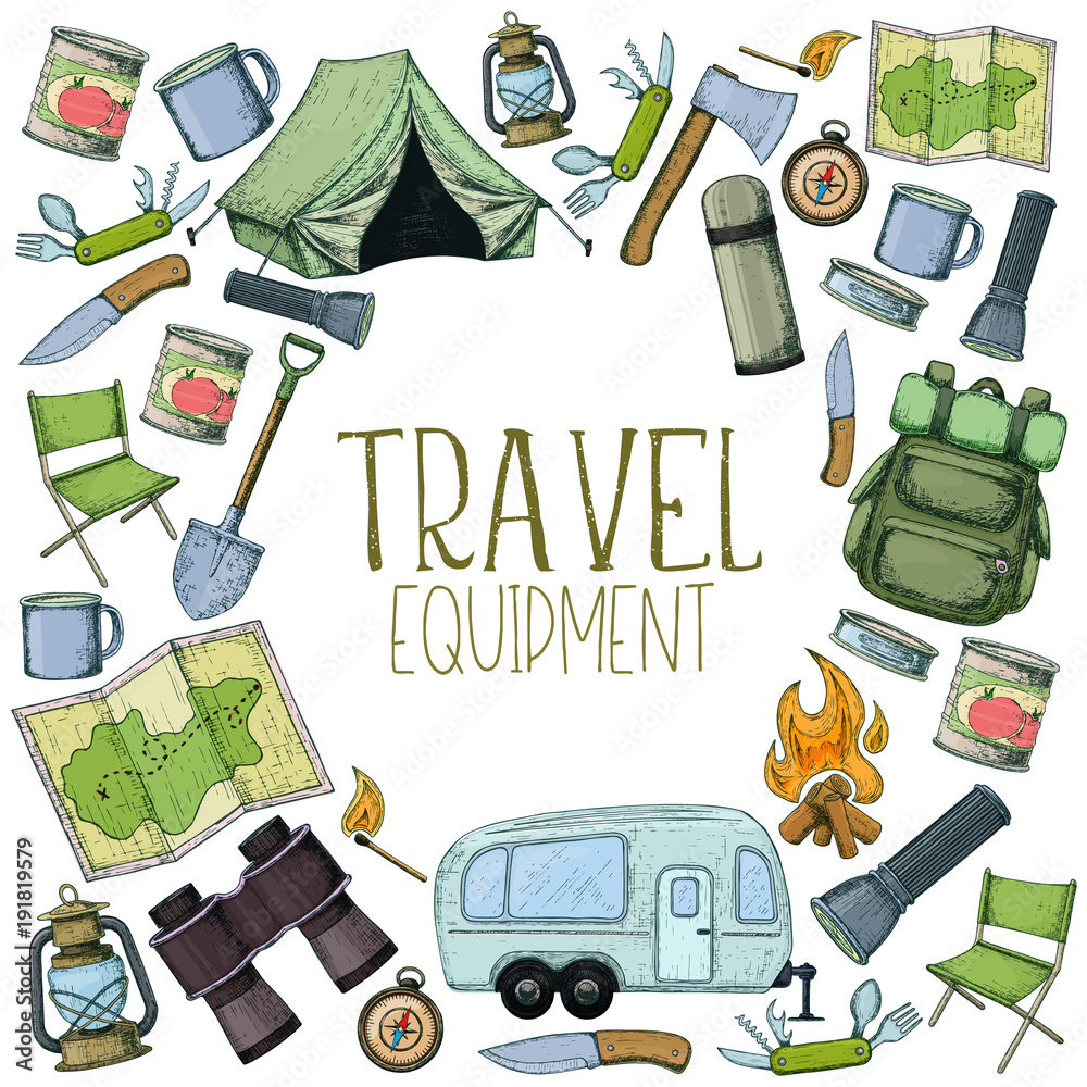 Plakat Set of travel equipment. Accessories for camping and camps. Colorful sketch cartoon illustration of camping and tourism equipment. Vector