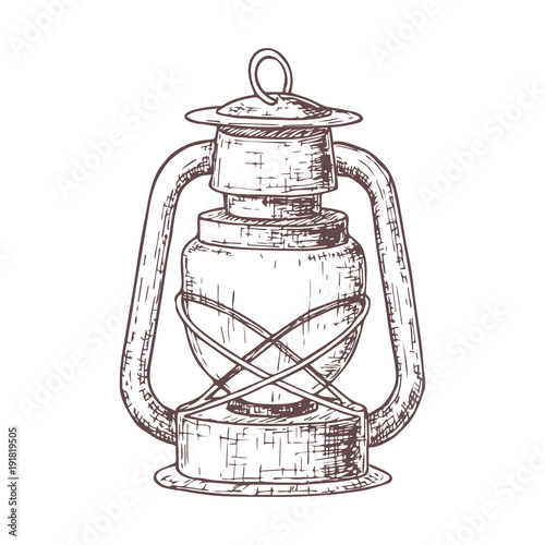 Lamp for camping tourism, cartoon sketch illustration of travel equipment. Vector